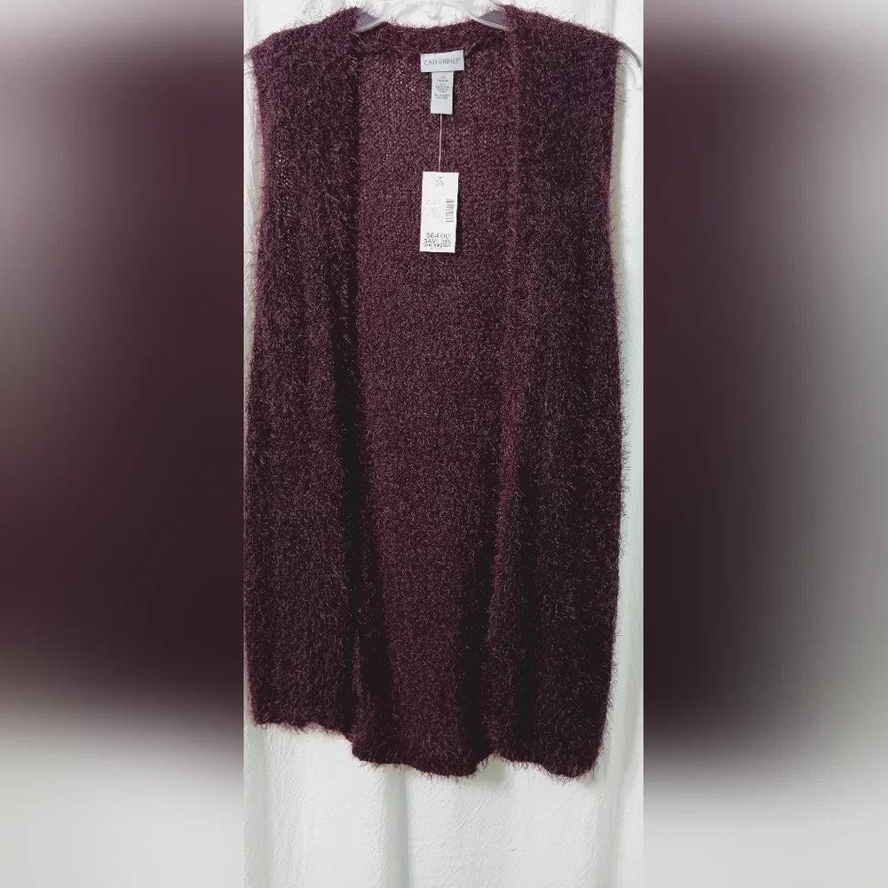 CATHERINES Fuzzy Sleeveless Open Long Cardigan Sweater Plus Size 0X Plum